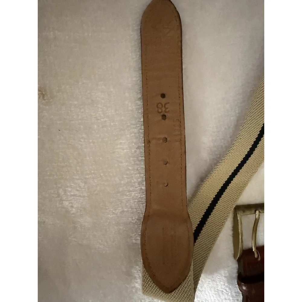 Jos A Bank Belt Mens 38 Beige W/ Black Stripe Leather Canvas Casual Belt